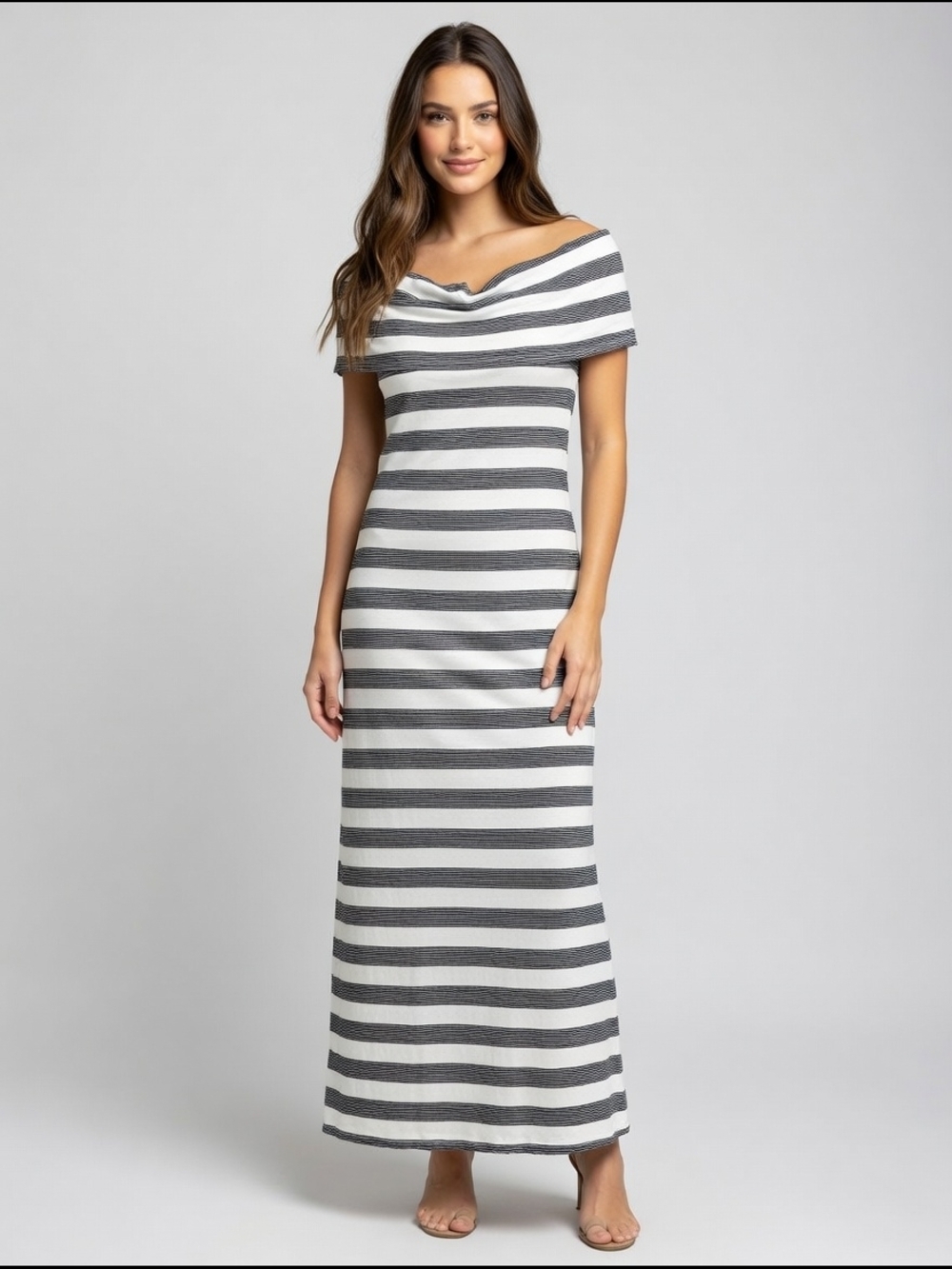 Off-Shoulder Gray & White Stripe Maxi Dress